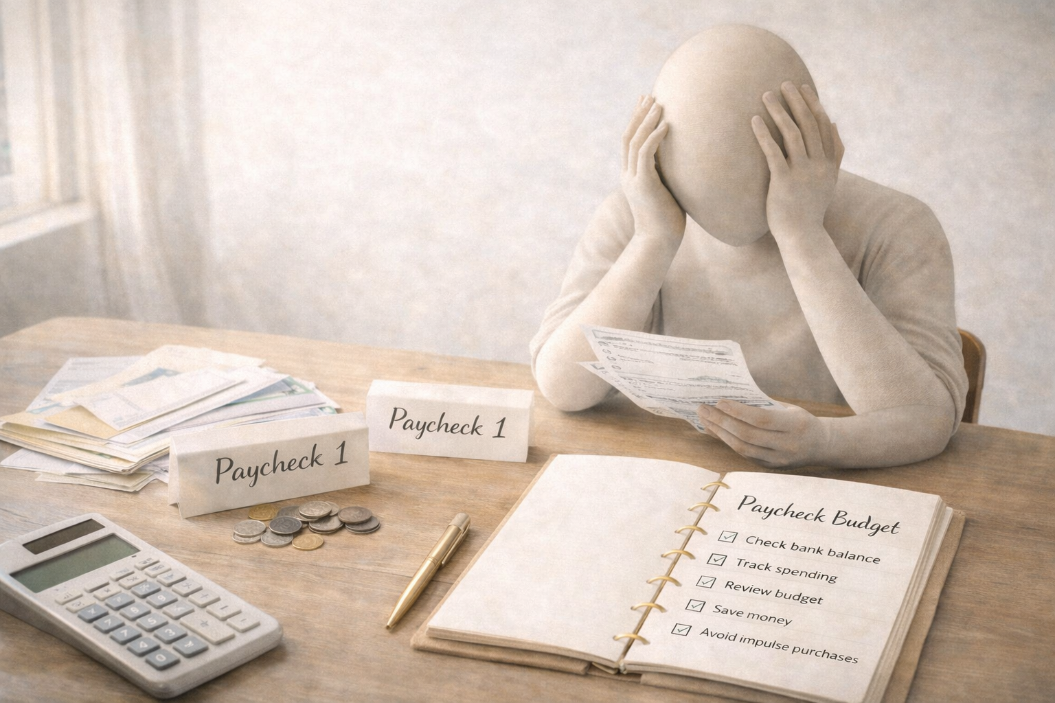 Person organizing bills using a paycheck budgeting system with expenses divided between paychecks and a budget planner