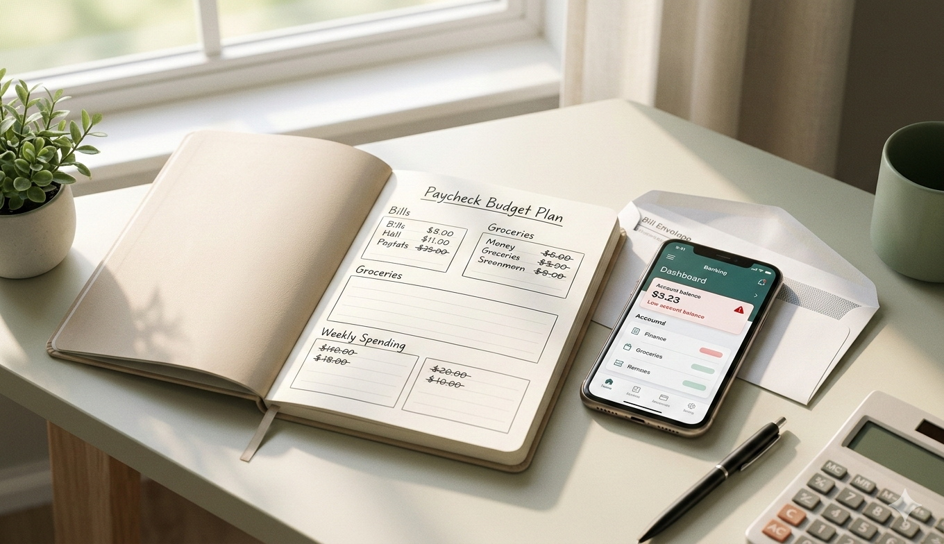 Paycheck budgeting planner with bills groceries and weekly spending next to phone showing low bank account balance after payday